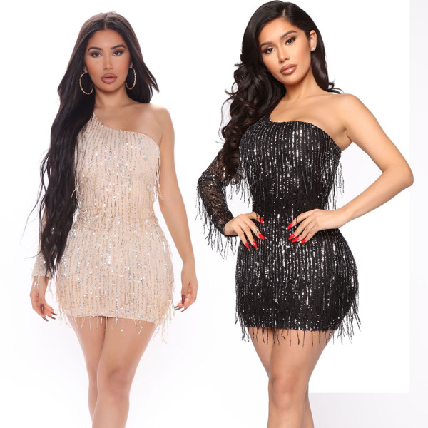 Autumn and winter women's fashion sexy long-sleeved one-shoulder sequined tassel bodycon dress
