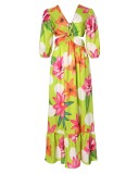 Summer Half Turtleneck Long Dress Mid Waist Sling Type Vintage Print Long Dress