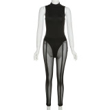 Spring Women's Sexy Mesh See-Through High Waist Trousers Sleeveless Bodysuit