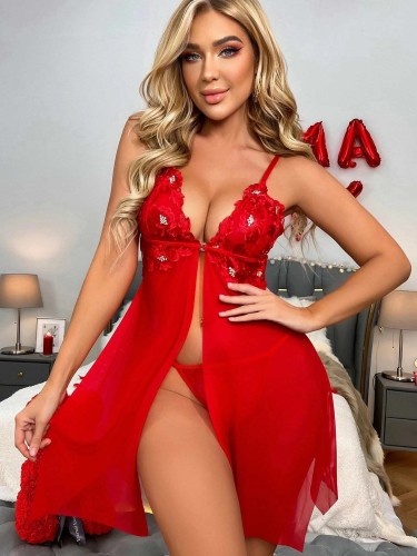 Erotik İç Çamaşırı Seksi Kadın Kırmızı Sling Mesh Yarık Pijama Takımı