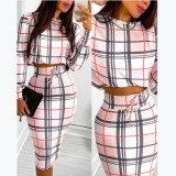 Autumn and winter temperament commuter long casual solid color round neck long sleeve slit skirt suit women