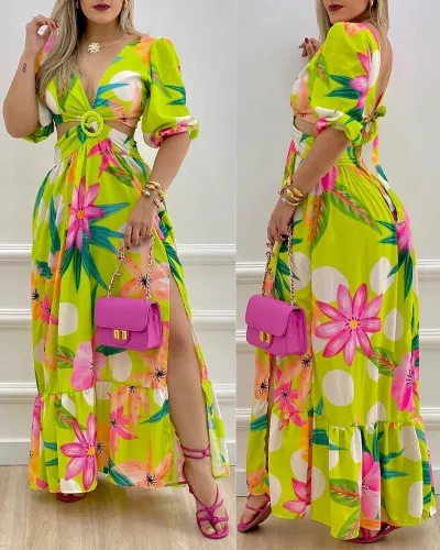Summer Half Turtleneck Long Dress Mid Waist Sling Type Vintage Print Long Dress