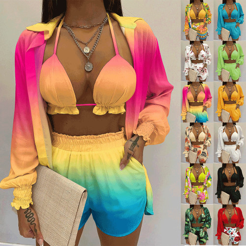 Terno feminino de 3 peças com impressão em cores sólidas de verão sexy
