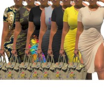 Vestido de mujer sexy estampado de manga corta con cordón y abertura