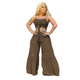 Women's Large Size Sexy Solid Color Strap Tank Loose Pants Two Piece Set