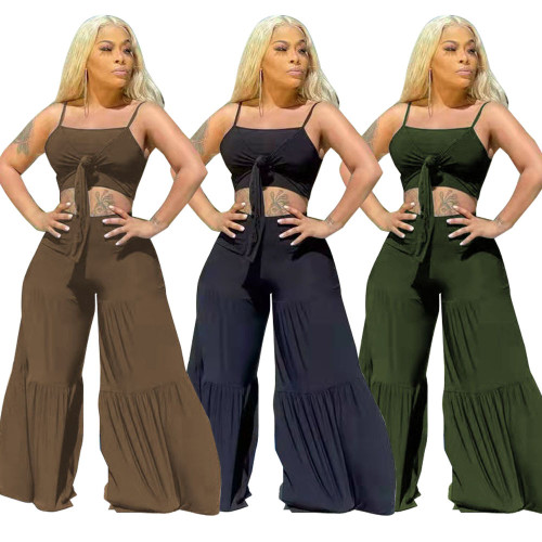 Women's Large Size Sexy Solid Color Strap Tank Loose Pants Two Piece Set