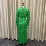 Women Summer Green Modest Turtleneck Three Quarter Sleeves Snakeskin Belted Maxi Dress