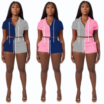 Women's  Colorblock Patchwork Zip Hooded Top Short Two-Piece Set