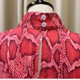 Women Summer Pink Modest Turtleneck Three Quarter Sleeves Snakeskin Belted Maxi Dress