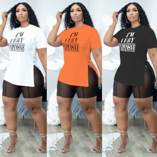 Women's Summer Mesh Shorts Letter Print Slit T-Shirt Two Piece Set