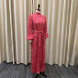 Women Summer Pink Modest Turtleneck Three Quarter Sleeves Snakeskin Belted Maxi Dress