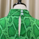 Women Summer Green Modest Turtleneck Three Quarter Sleeves Snakeskin Belted Maxi Dress
