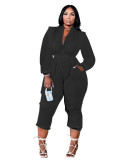 Women Solid Pleated V-Neck Long Sleeve Jumpsuit