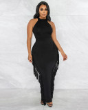 Women Round Neck Off Shoulder Tank Top And Fringe Long Skirt Two Piece Set