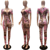 Women Summer Leopard Print Short Sleeve Jumpsuit