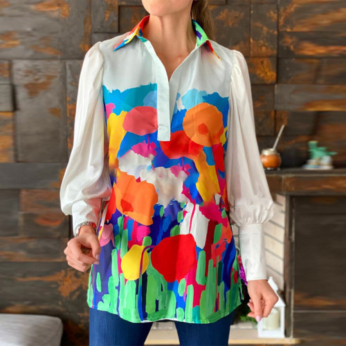 Top informal con cuello de camisa floral colorido de primavera y otoño - Impresión de posicionamiento