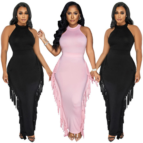 Women Round Neck Off Shoulder Tank Top And Fringe Long Skirt Two Piece Set