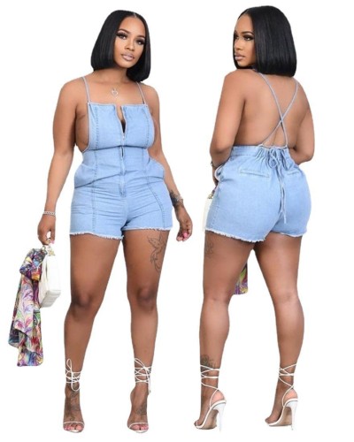 Sexy Zipper Hollow Denim Lace-Up Sleeveless Washed Jumpsuit (with Pockets)