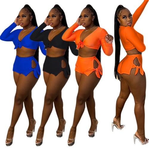 Solid color sports two-piece sexy bandage cropped shorts suit fashion summer women's clothing