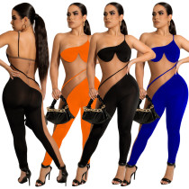 Einfarbiger Mesh-Patchwork-Overall für Damen, sexy One-Shoulder-Hosenträger mit offenem Rücken