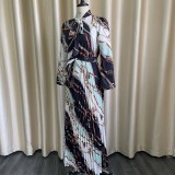 Women Spring Black Vintage Bow Full Sleeves Chain Print Belted Maxi Pleated Plus Size Long Dress