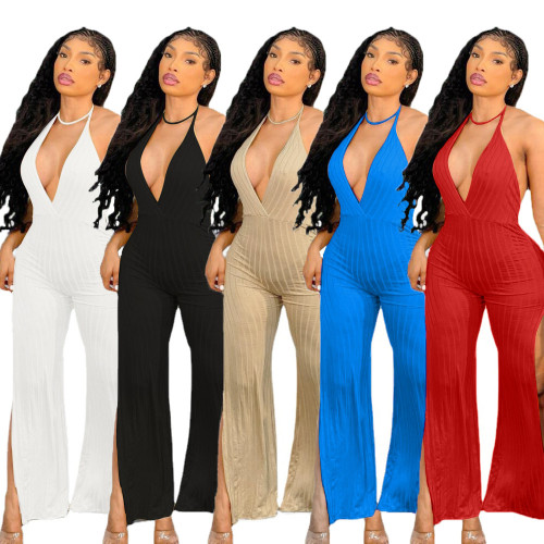 Solid Color Sexy Slit Tie Backless Jumpsuit