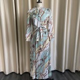 Women Spring White Vintage Bow Full Sleeves Chain Print Belted Maxi Pleated Plus Size Long Dress