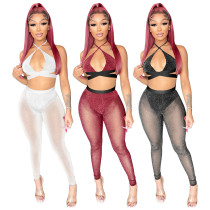 Women's Fashion Sexy Shiny Wrapped Chest Hollow Out See-through Tight Two-piece Set