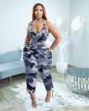 Women's Plus Size Print Fashion Sexy Sling V-Neck Pants Casual Two-piece Set