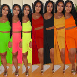 women's Solid Color Crop Thank Shorts Long Cardigan three piece Set