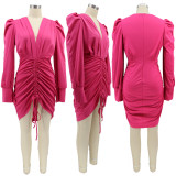Solid color Drawstring pleated bodycon sexy women's dress