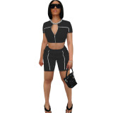 Women's Zipper Short Sleeve Fashion Sports Two Piece Shorts Set