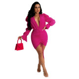 Solid color Drawstring pleated bodycon sexy women's dress