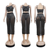 Two-piece nightclub beaded straps open waist Long Skirt Two Piece Set