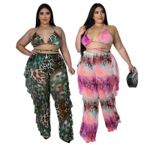 Summer beach sexy print swimsuit mesh Pants three-piece set
