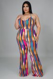 Plus Size Women's Fashion Printed Straps Striped Loose Jumpsuit