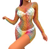 Women's Multicolor Fishnet Mesh Hollow Out Long Sleeve Beach Sexy Dress