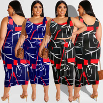 Summer plus size women's printed casual strap two-piece skirt set