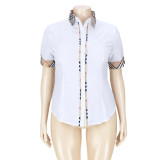 Fashion Plus Size Women's Check Button Turndown Collar Short Sleeve Shirt