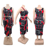 Summer plus size women's printed casual strap two-piece skirt set