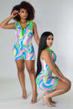 Women's Summer Fashion Colorful Print Sleeveless Turndown Collar V Neck Playsuit