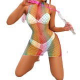 Colorful Fishnet Mesh Hollow Out Sleeveless Sexy Beach Dress