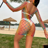 Women's Multicolor Fishnet Mesh Hollow Out Long Sleeve Beach Sexy Dress
