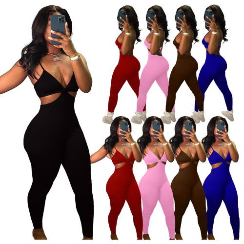 Women's Fashion Sexy Backless Straps Solid Color Casual Jumpsuit