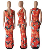 Women's Summer Fashion Tie Dye Floral Print Sexy Deep V Neck Sleeveless Dress