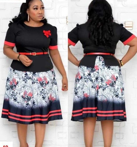Plus Size Women's Round Neck Short Sleeves Print Patchwork Dress