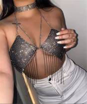 Camisola de verano con borlas de estrás y espalda descubierta de corte ajustado