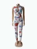 Women Summer Colorful Graffiti Alphabet Print Top And Pant Two Piece Set (Without Belt)