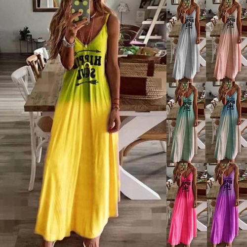 Summer Women Casual Letter Tie Dye Flower Print Long Dress