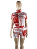 Women Fashion Cashew Flower Totem Print Zipper Top And Shorts Two-Piece Set